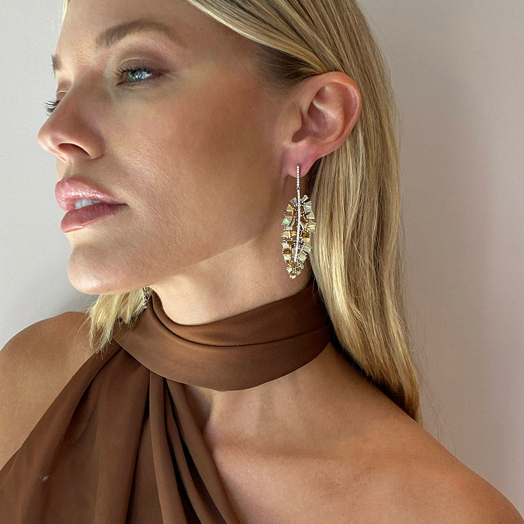 Bahia Banana Leaf Earrings - Diamond, Golden Tourmaline & Ethiopian Opal