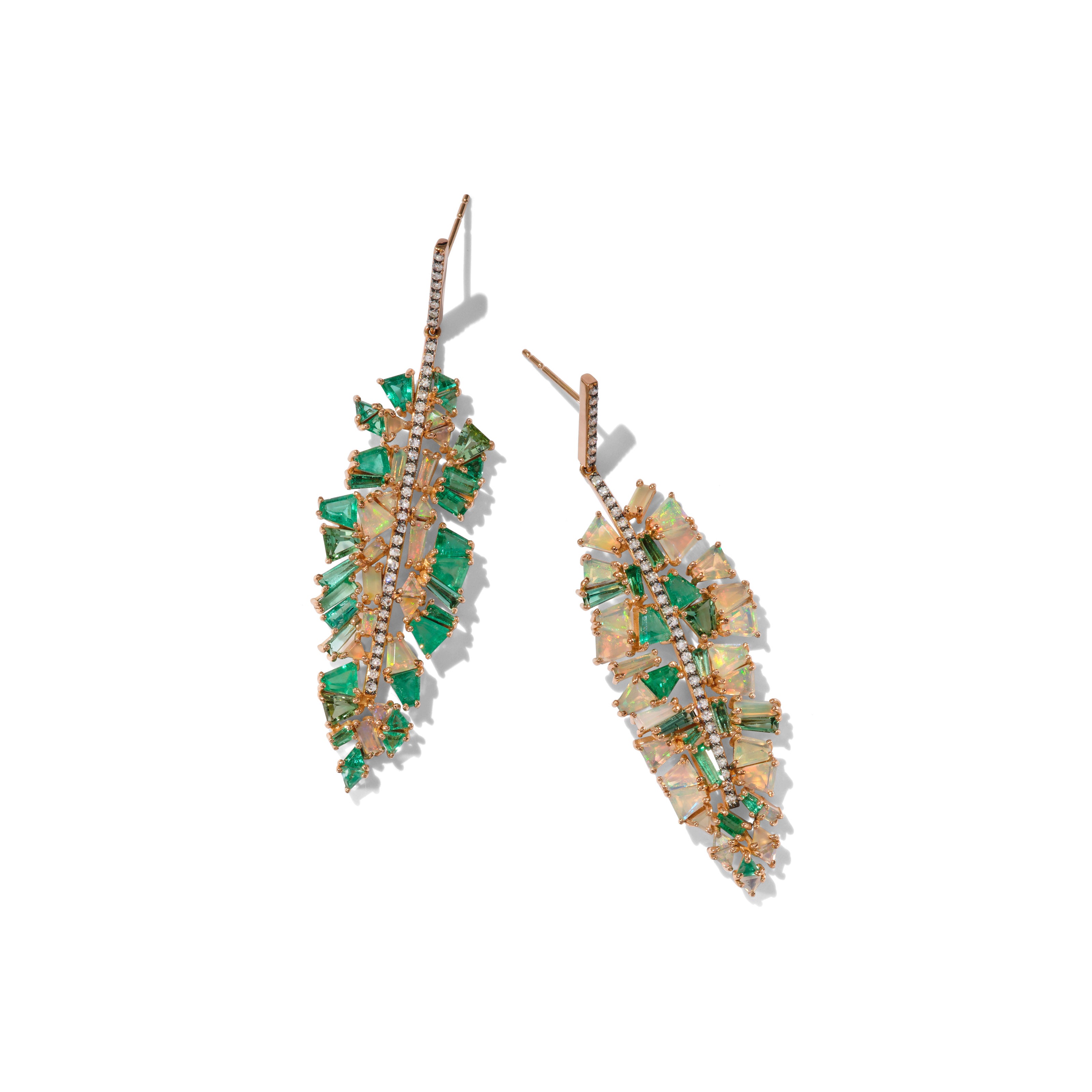 Bahia Banana Leaf Earrings - Diamond, Emerald & Ethiopian Opal