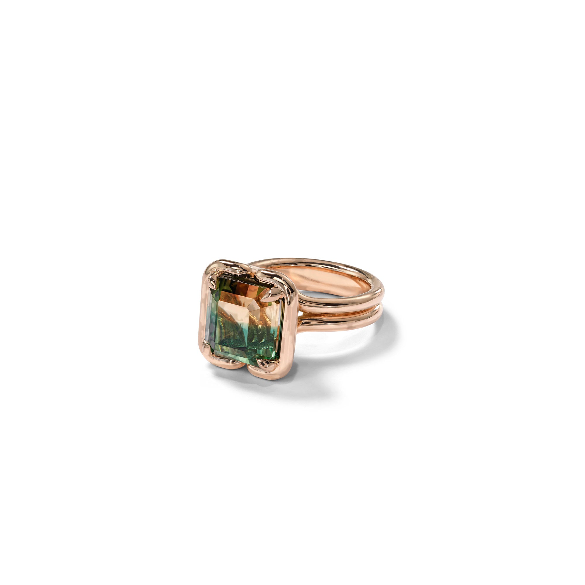 Buttress Emerald Cut Solitaire Ring - Bi-Color Tourmaline