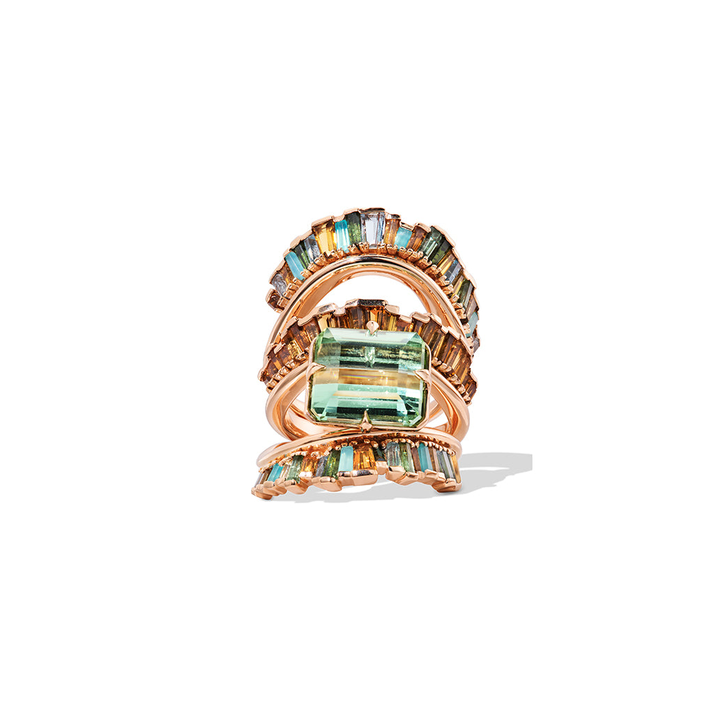 Green Tourmaline, Golden Tourmaline, Aquamarine - Wing Guard Ring