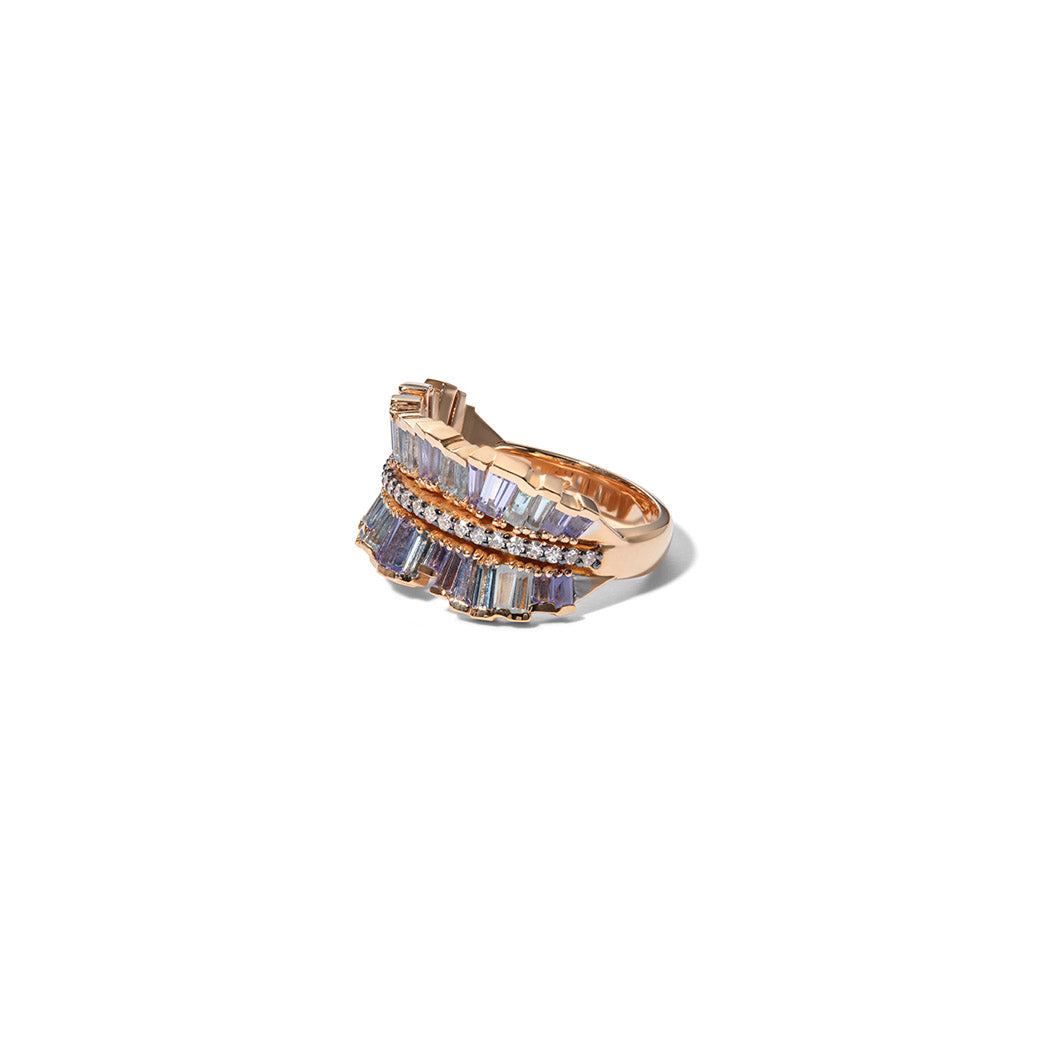 Double Ruched Ribbon Ring - Tanzanite & Aquamarine