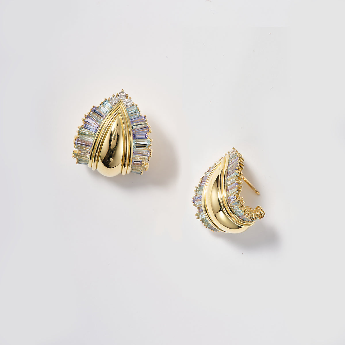 Ruched Teardrop Hoops - Tanzanite and Aquamarine