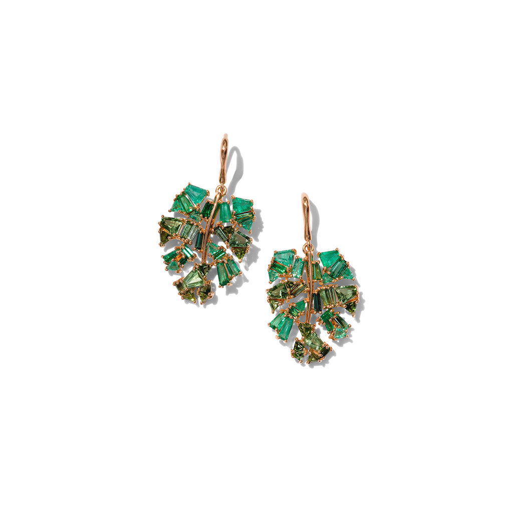 Monstera Leaf Earrings - Emerald and Green Tourmaline