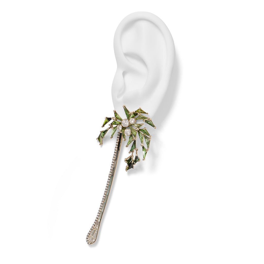 Palm and Stem Earrings - Green Tourmaline & Aquamarine