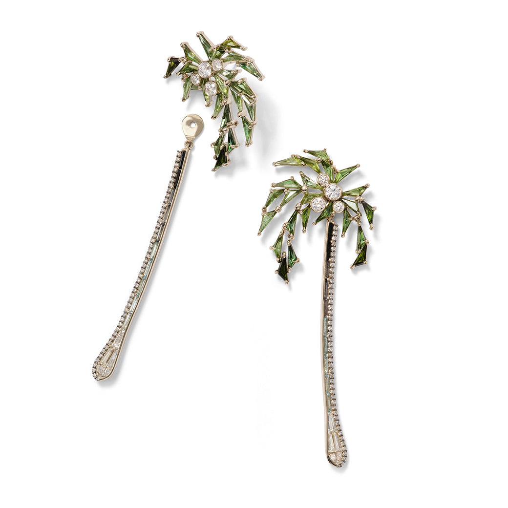 Palm and Stem Earrings - Green Tourmaline & Aquamarine