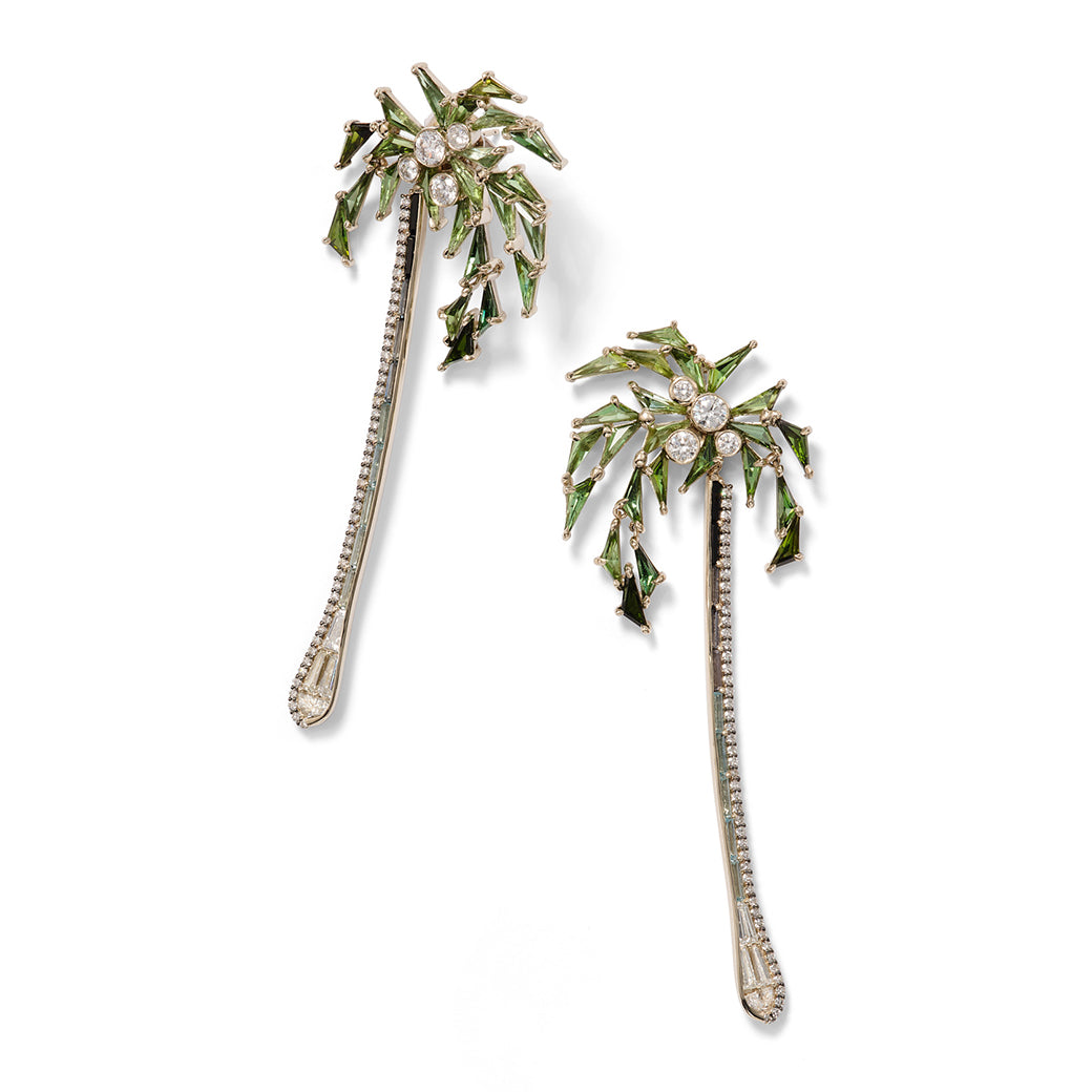 Palm and Stem Earrings - Green Tourmaline & Aquamarine