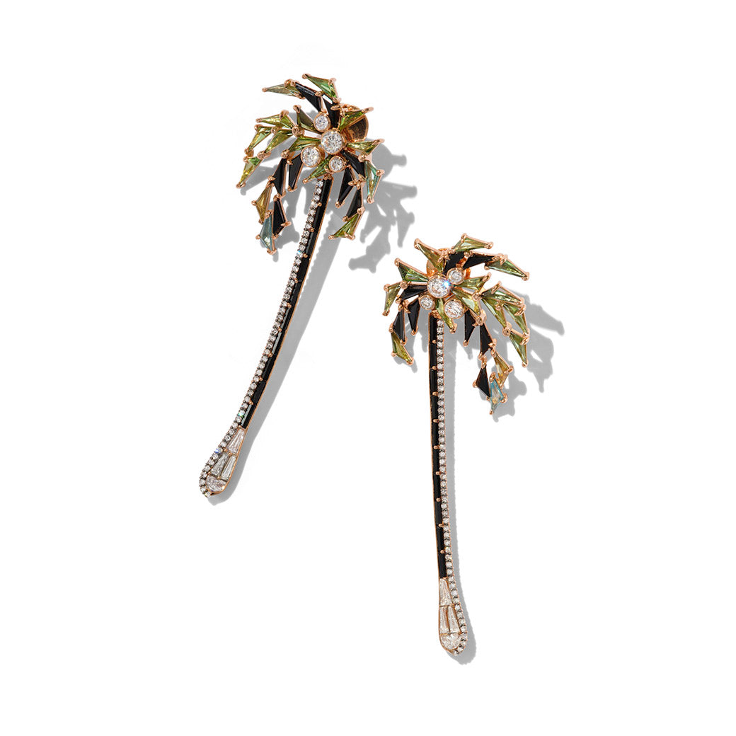 Palm and Stem Earrings - Green Tourmaline & Black Spinel