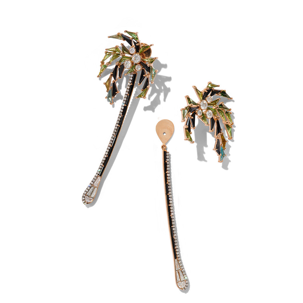 Palm and Stem Earrings - Green Tourmaline & Black Spinel