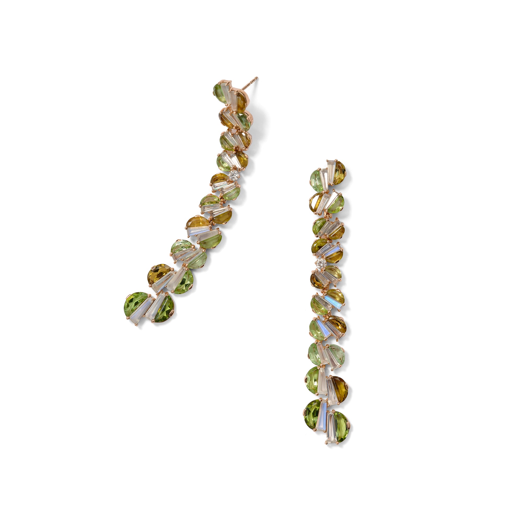 Shirred Column Earrings - Green Tourmaline and Rainbow Moonstone