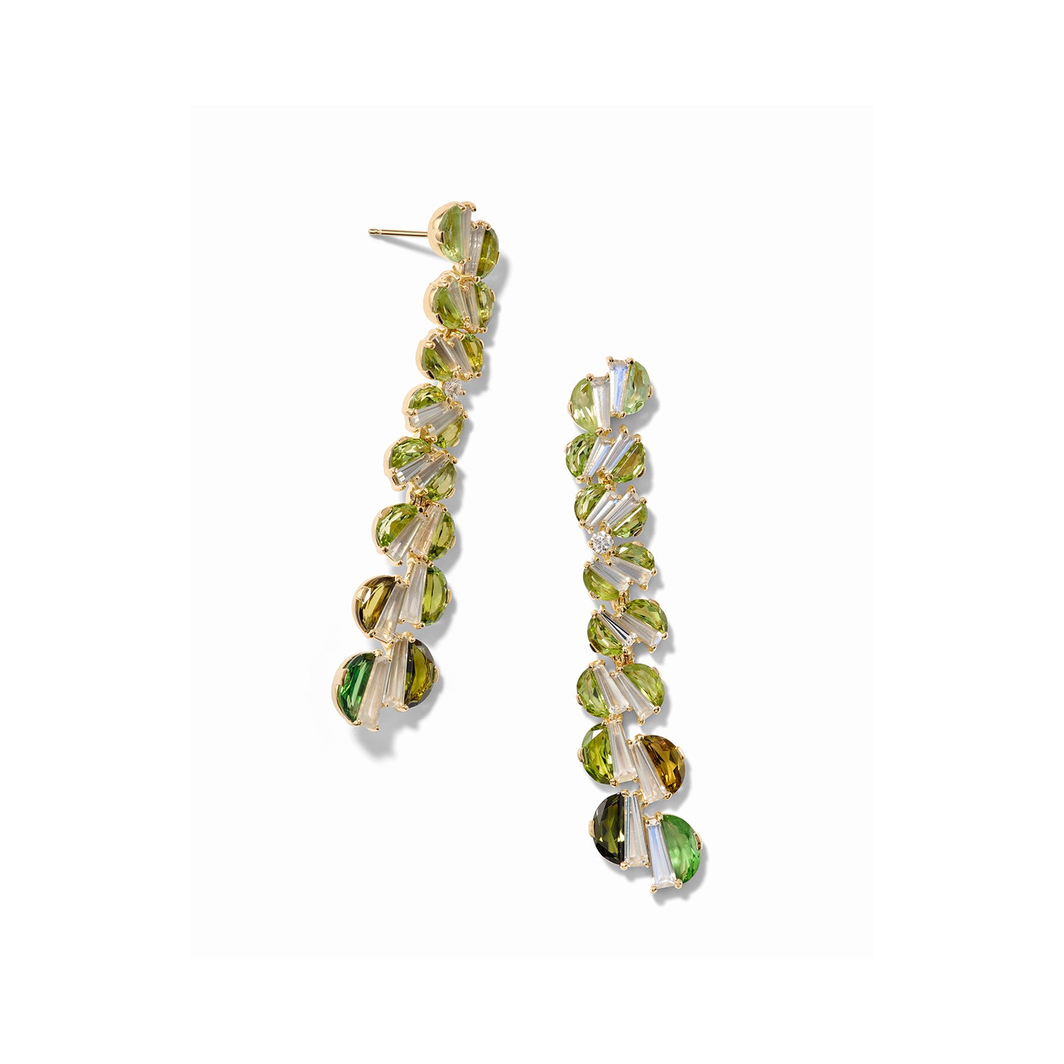 Shirred Column Earrings - Green Tourmaline and Rainbow Moonstone