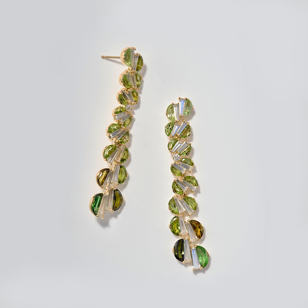 Shirred Column Earrings - Green Tourmaline and Rainbow Moonstone