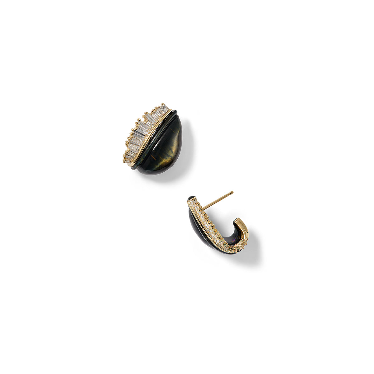 Carved Stone Side Ruched Teardrop Hoops - Black Tiger's Eye