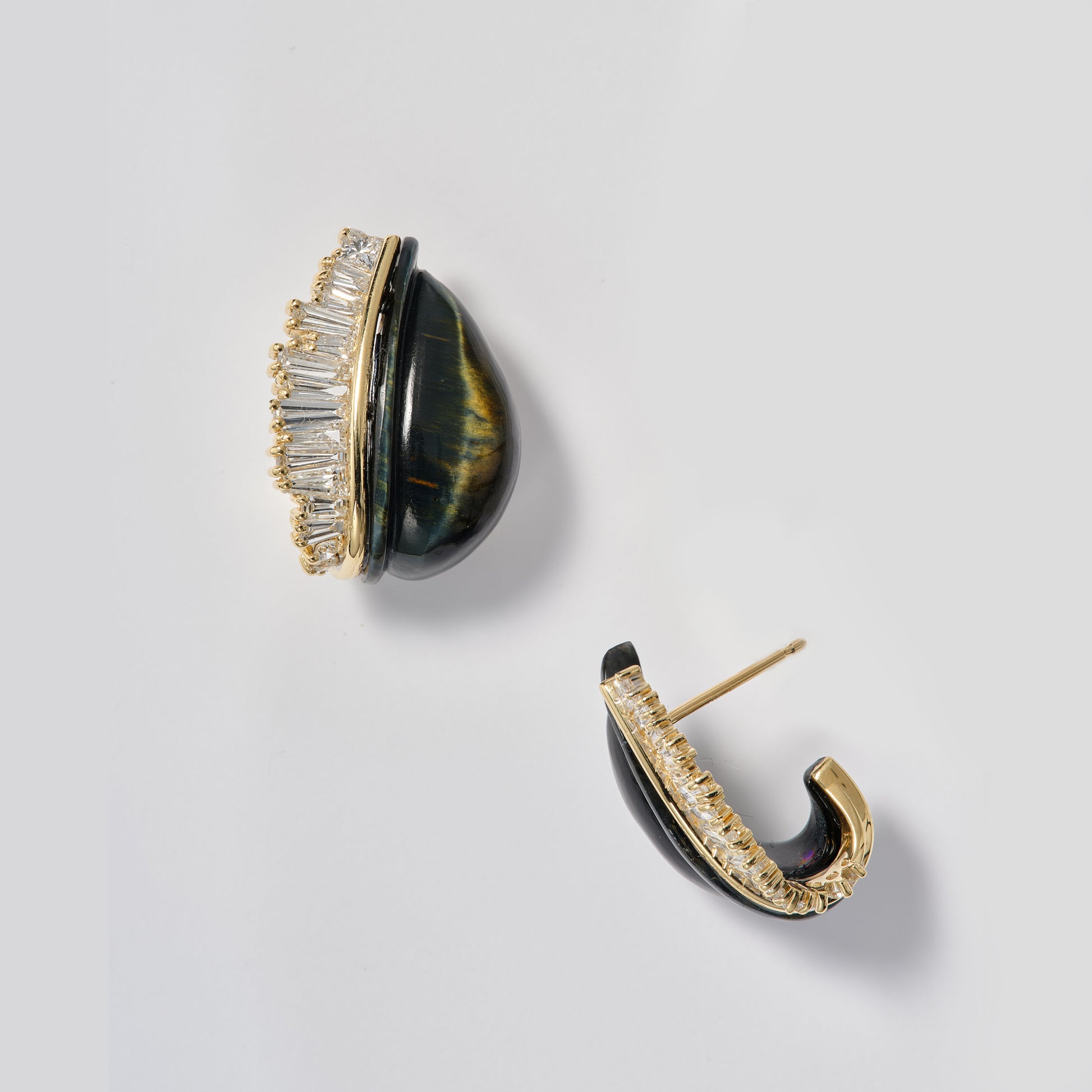 Carved Stone Side Ruched Teardrop Hoops - Black Tiger's Eye