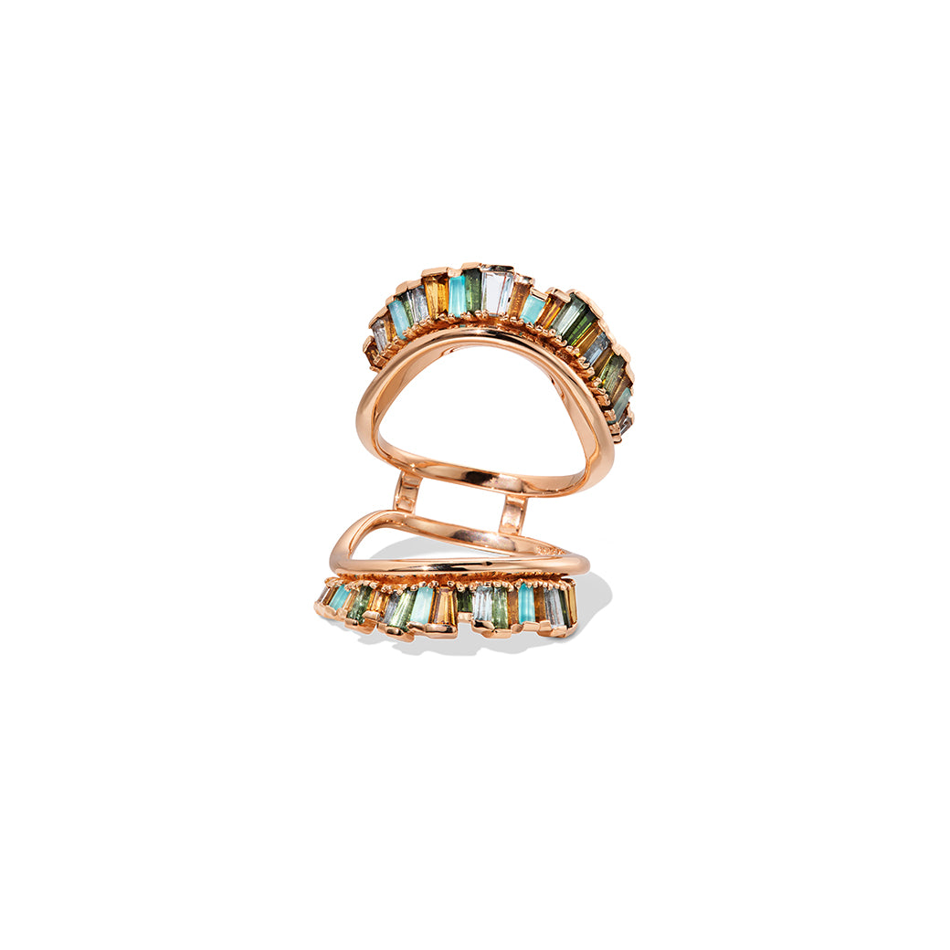 Wing Guard Ring Green Tourmaline, Golden Tourmaline Aquamarine