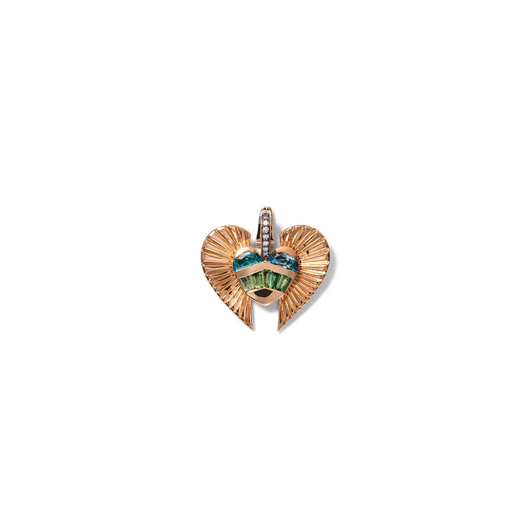 Winged Strapped Heart Pendant -  Blue Zircon, Green Tourmaline
