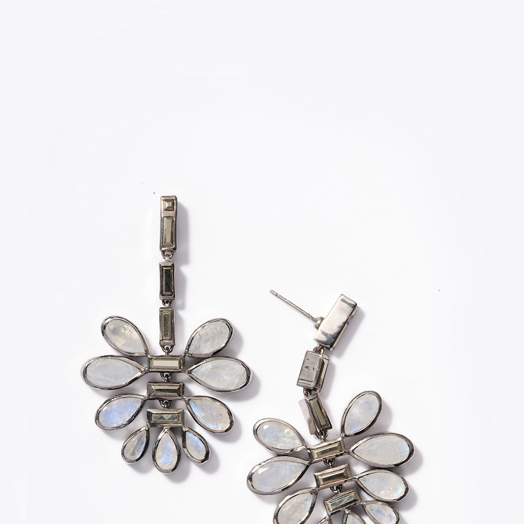 Uchiwa Earrings - Pyrite & Rainbow Moonstone