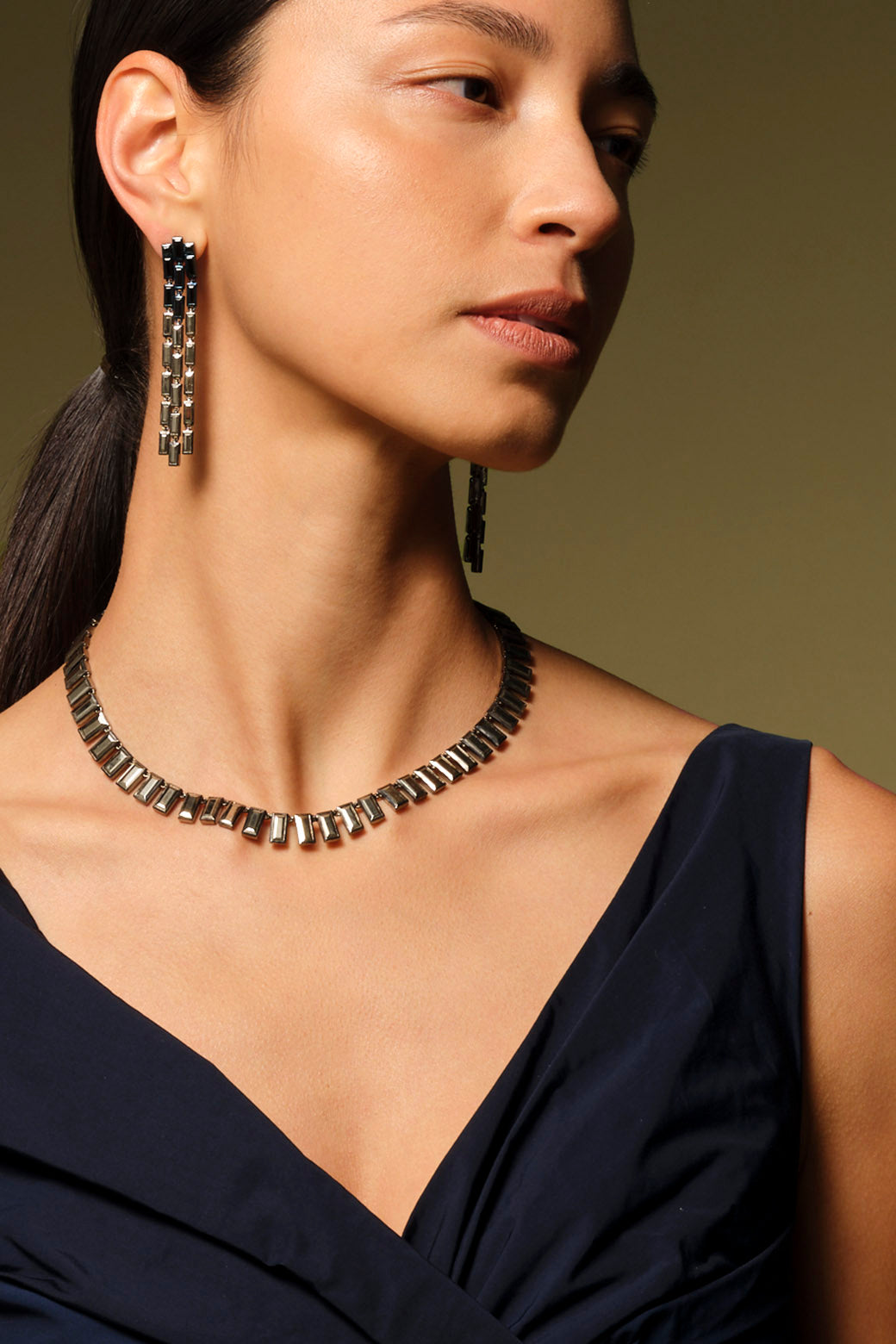 Triple Baguette Stiletto Earrings Black Spinel & Pyrite