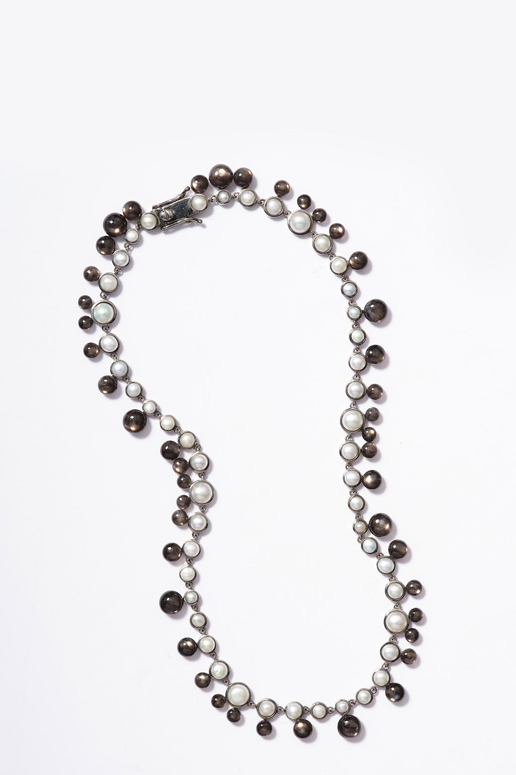 Bubble Tiered Rivière Necklace - White Pearl & Black Sheen Moonstone