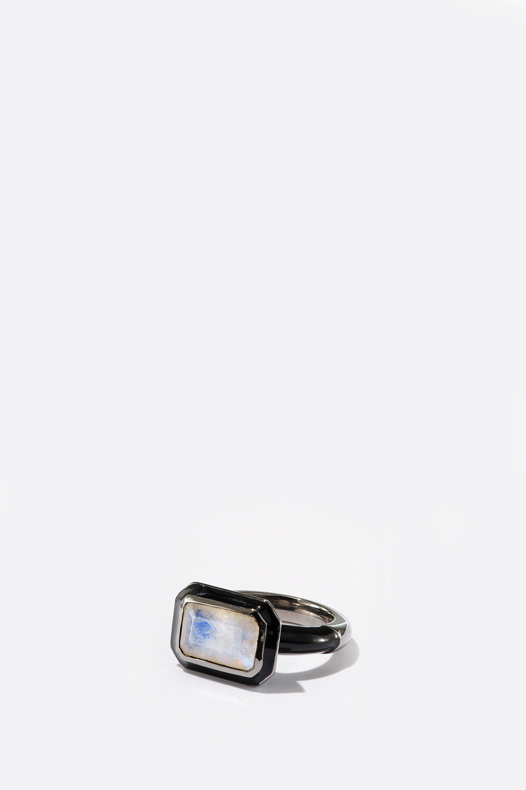 East-West Deco Lacquer Solitaire Ring - Rainbow Moonstone