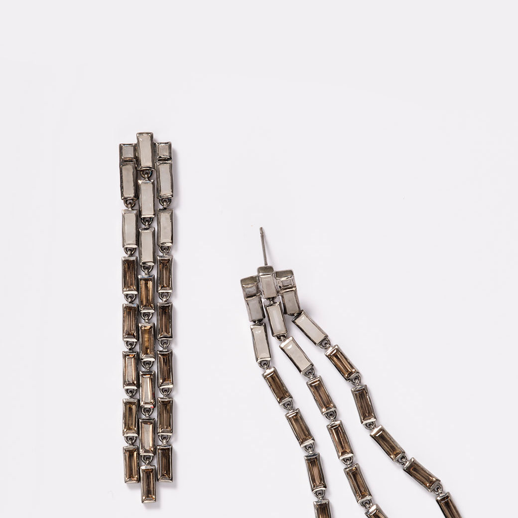 Triple Baguette Stiletto Earrings - White Agate & Smokey Quartz