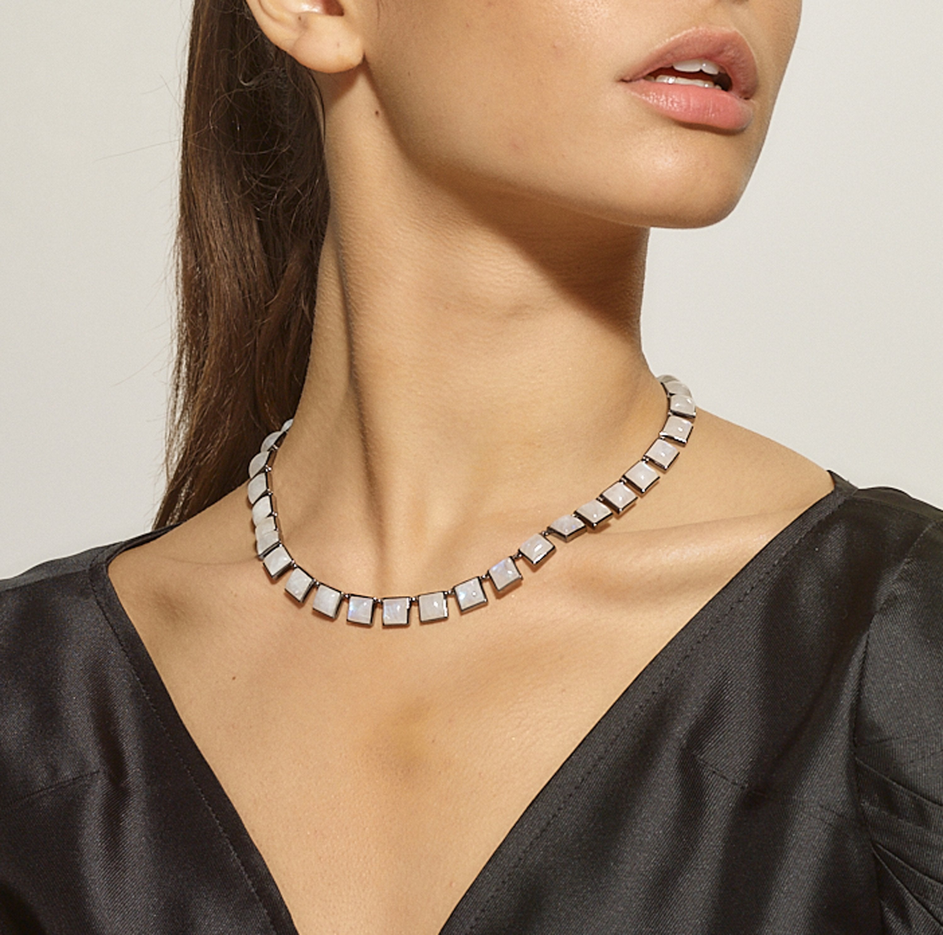 Large Tile Rivière Necklace - Rainbow Moonstone