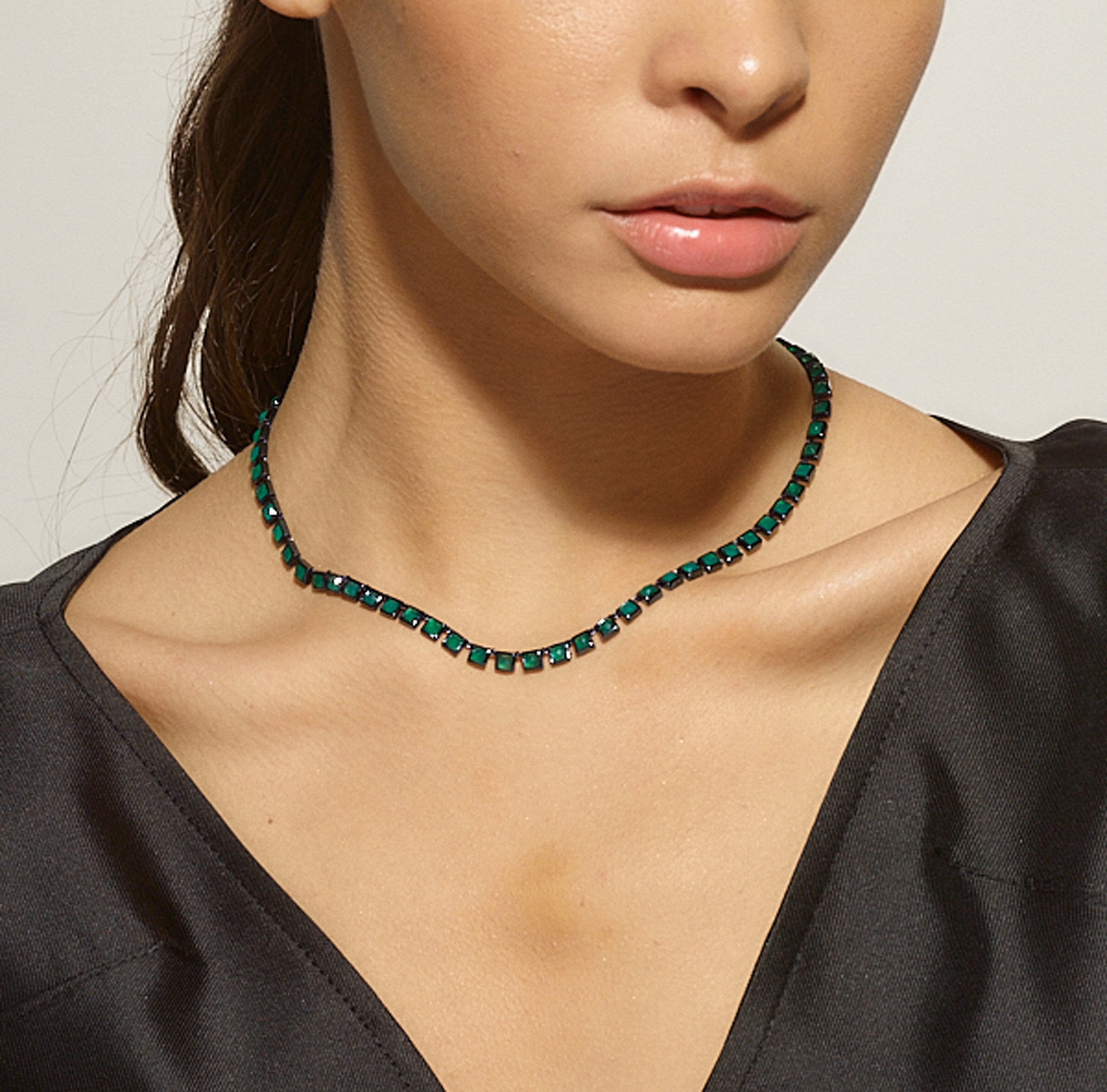 Mini Tile Rivière Necklace - Green Onyx