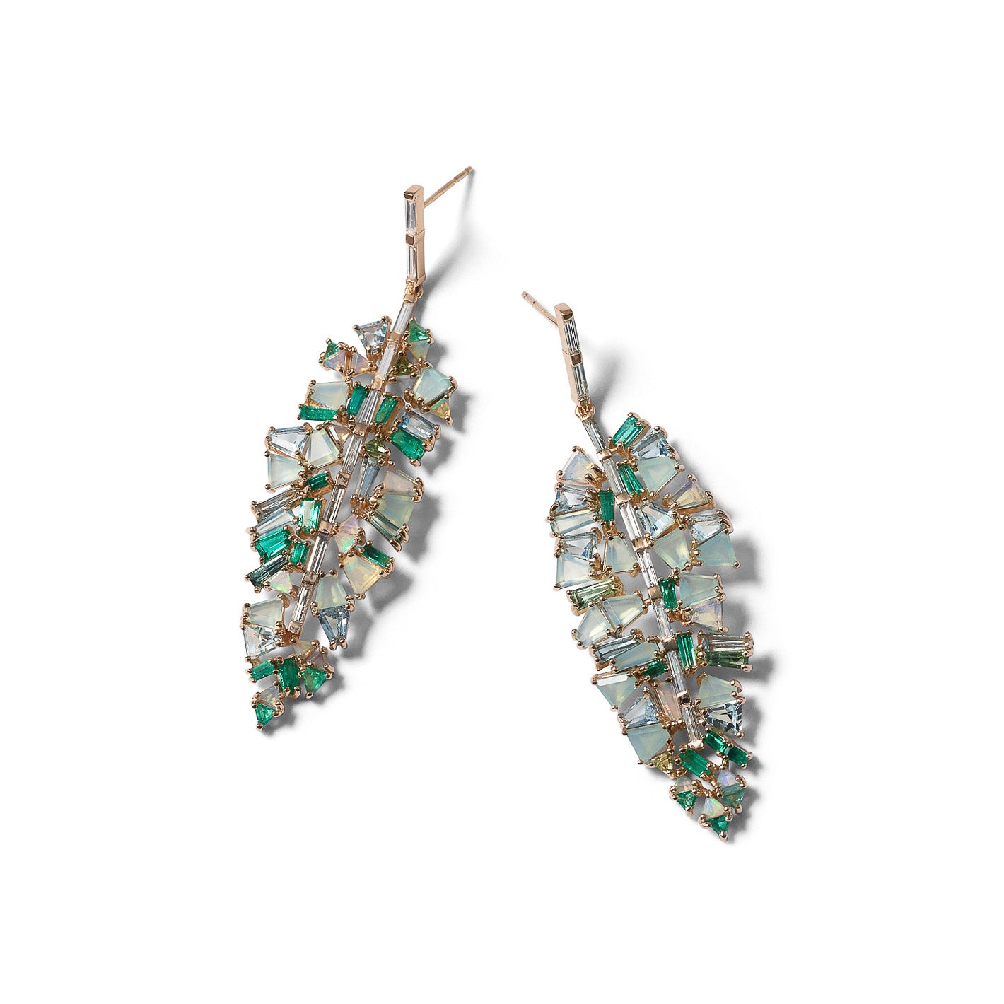 Bahia Banana Leaf Earrings - Diamond, Emerald & Aquamarine