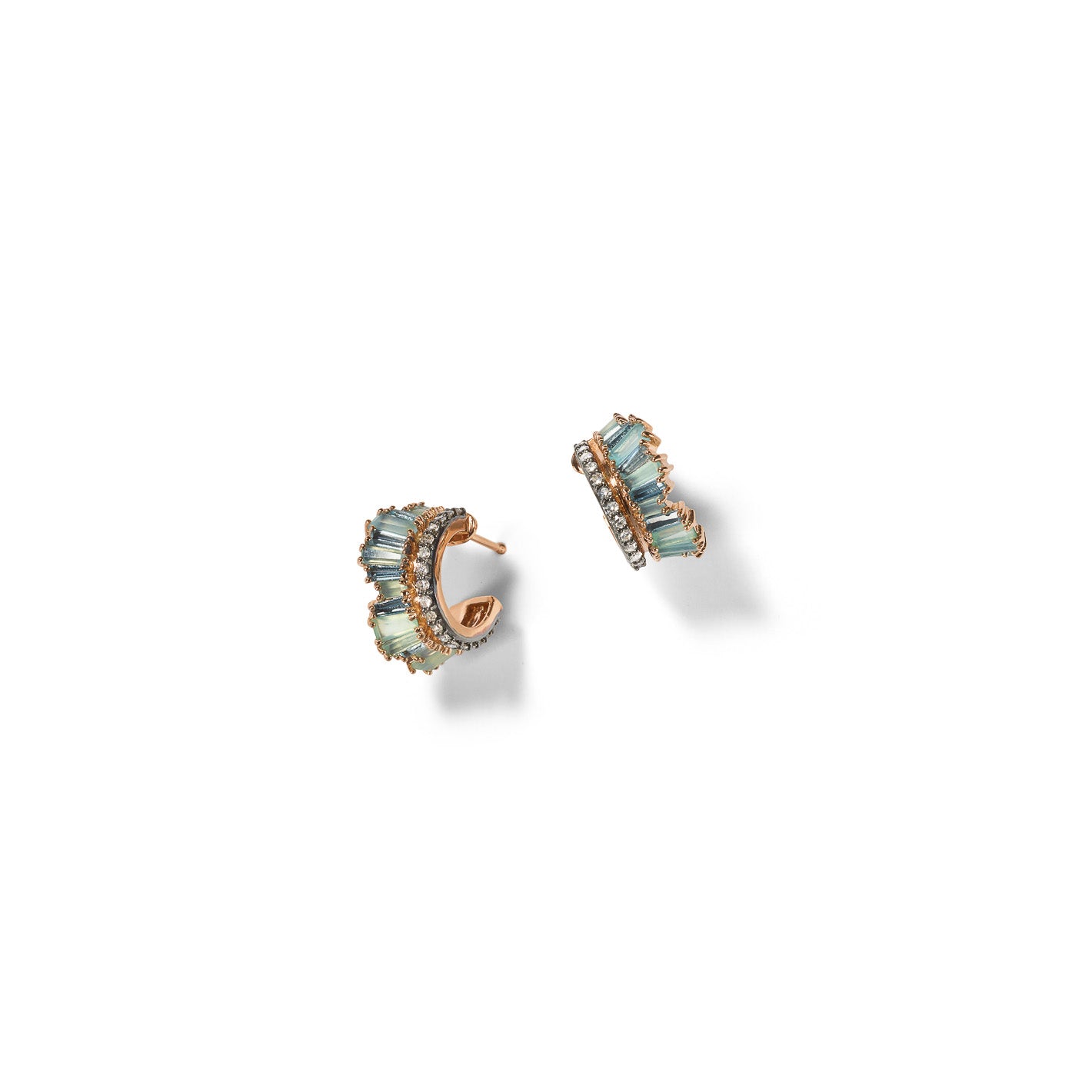 Petite Ruched Hoops - Blue Peruvian Opal, Aquamarine, & Diamond Pavé