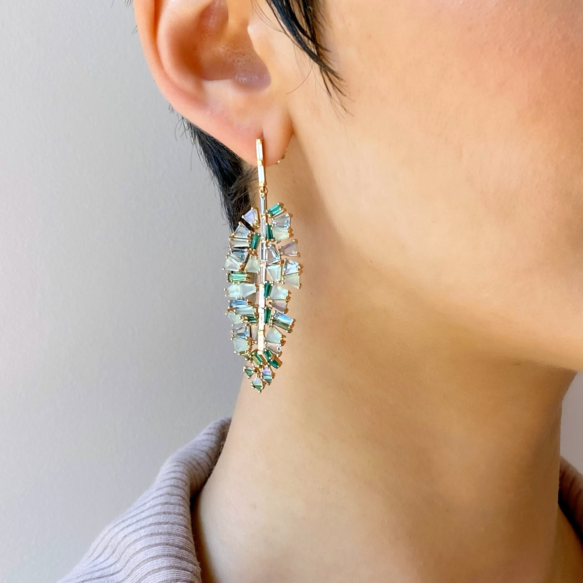 Bahia Banana Leaf Earrings - Diamond, Emerald & Aquamarine