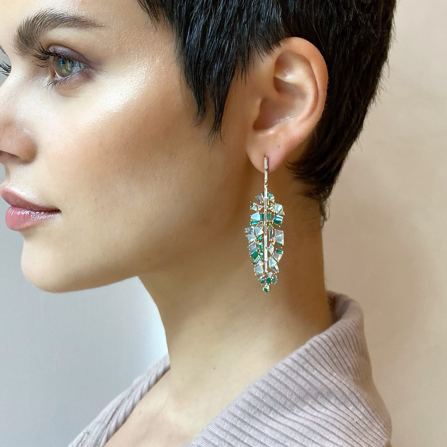 Bahia Banana Leaf Earrings - Diamond, Emerald & Aquamarine