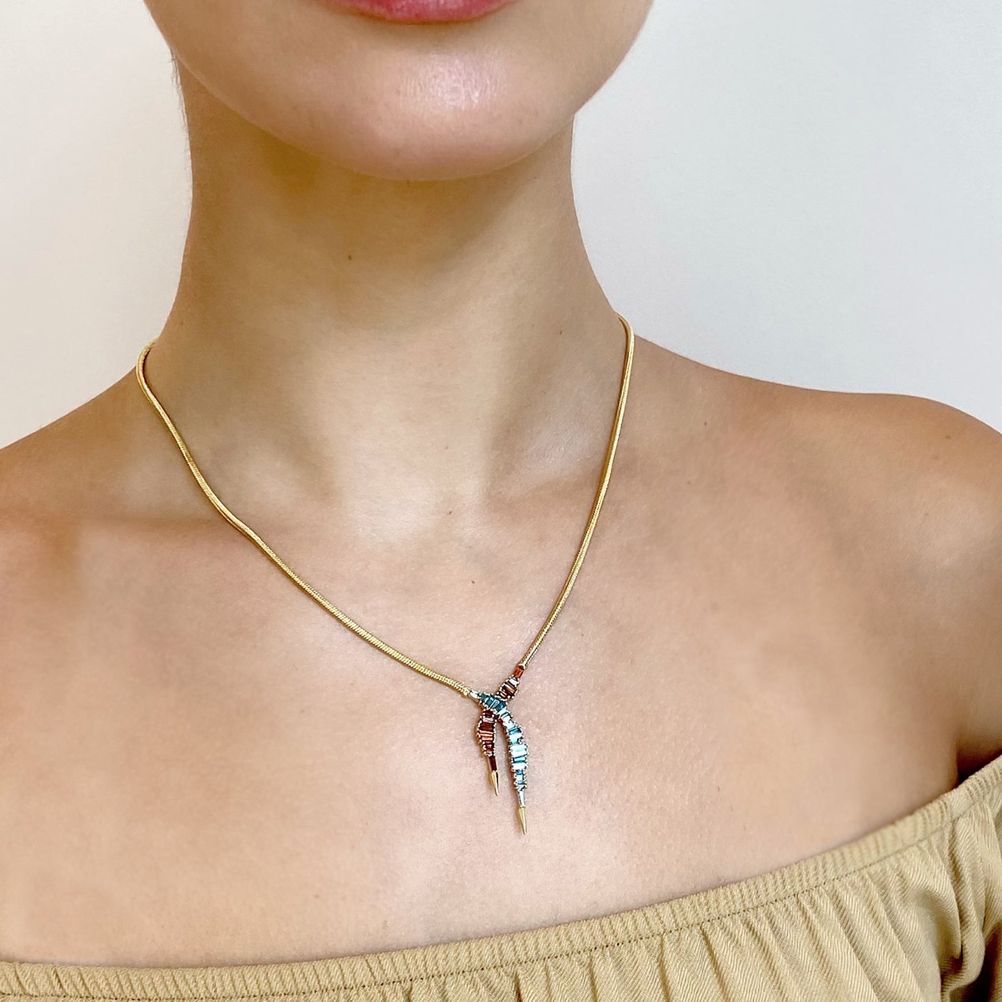 Ruched Lariat Necklace - Aquamarine & Spinel