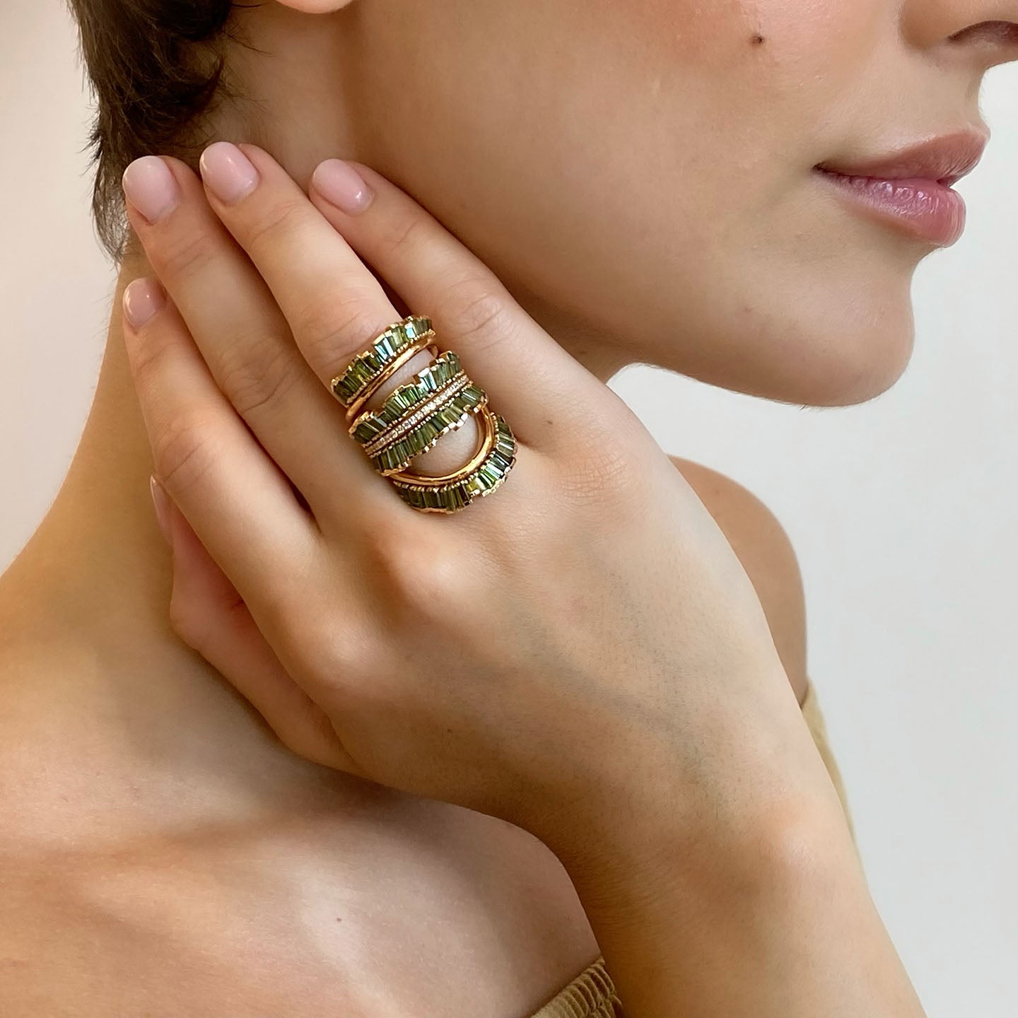 Triple Ruched Ribbon Ring - Green Tourmaline