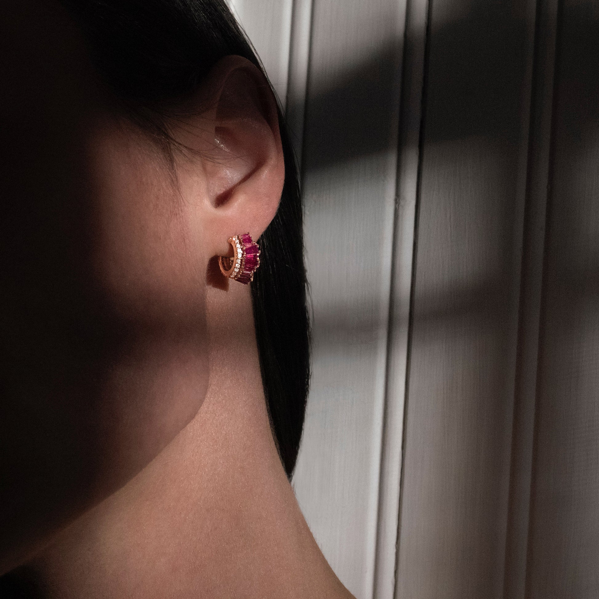 Petite Ruched Hoops - Ruby & Diamond Pavé