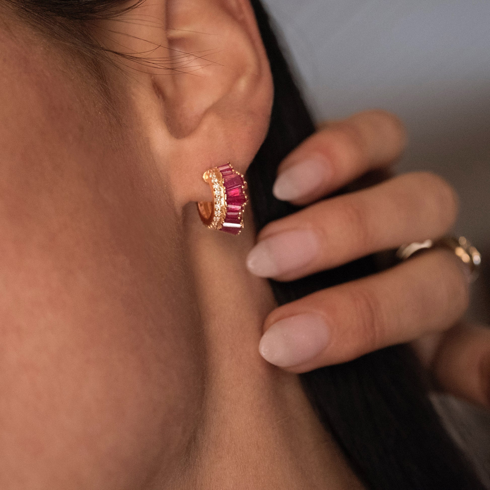 Petite Ruched Hoops - Ruby & Diamond Pavé