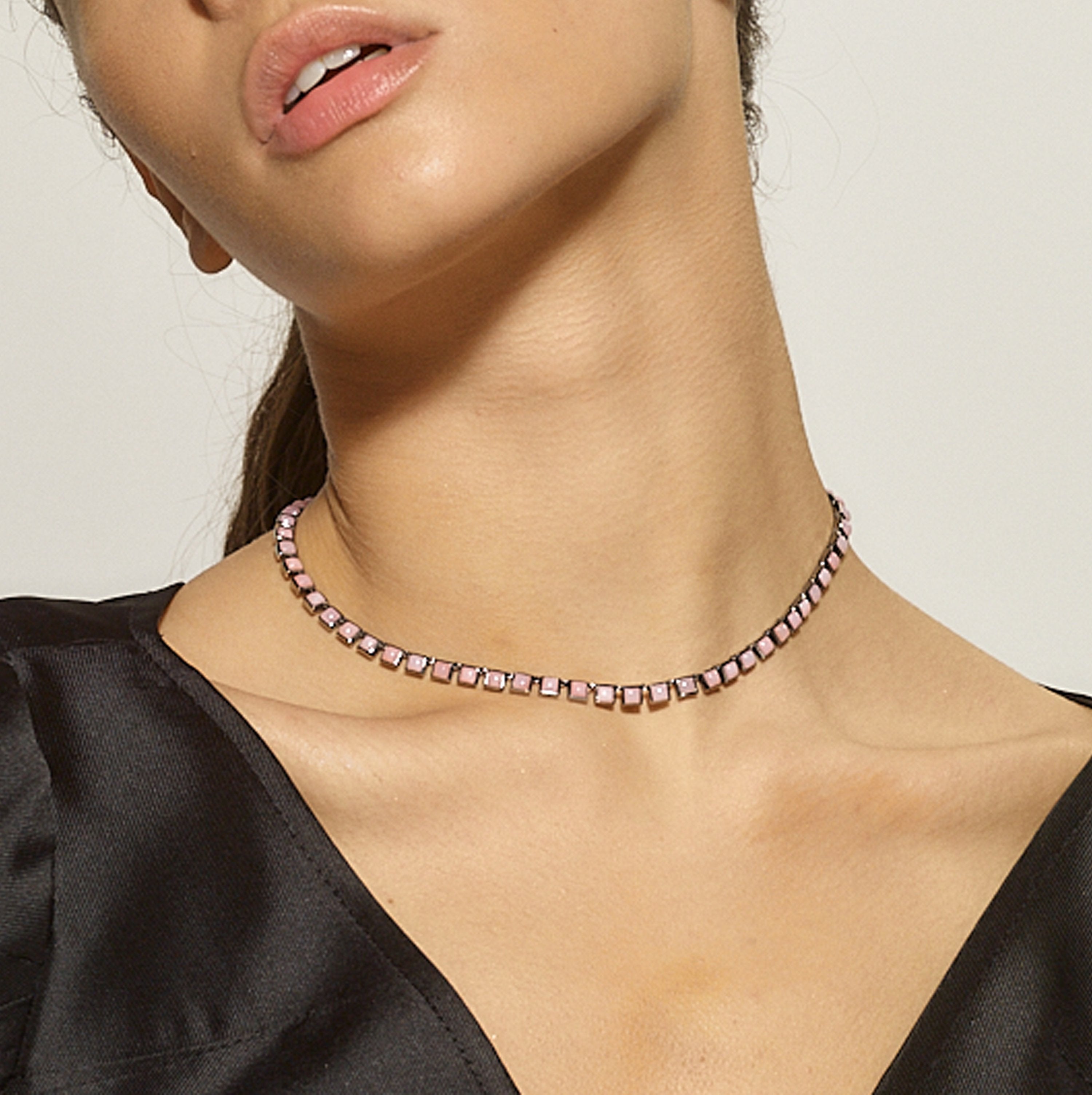 Mini Tile Rivière Necklace - Pink Opal