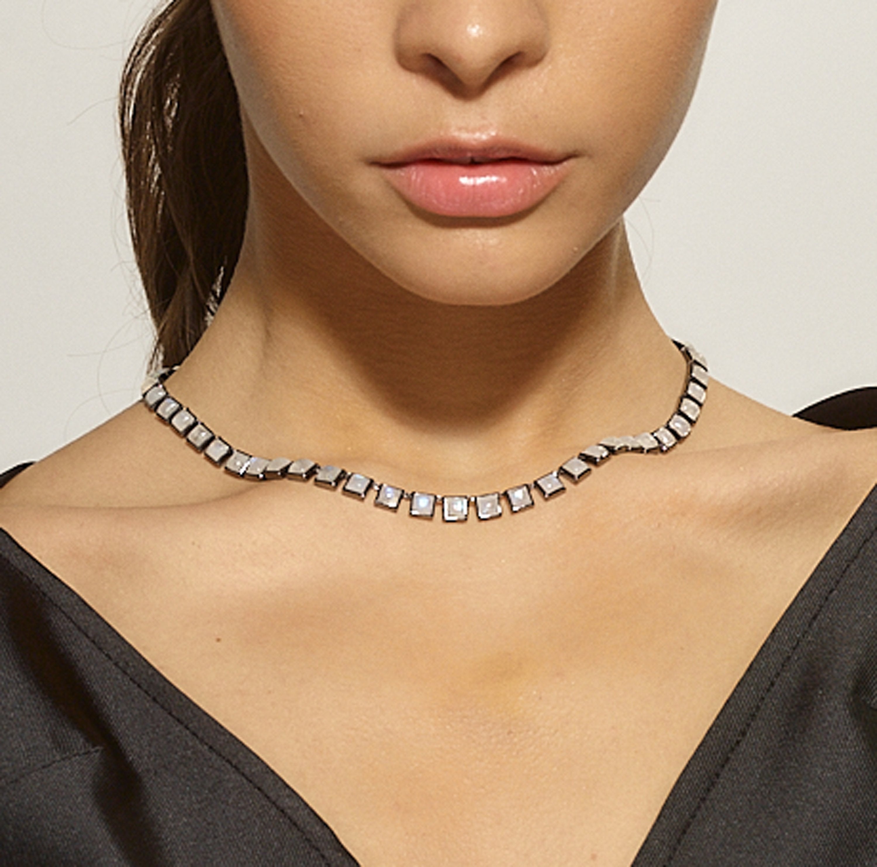 Small Tile Rivière Necklace - Rainbow Moonstone