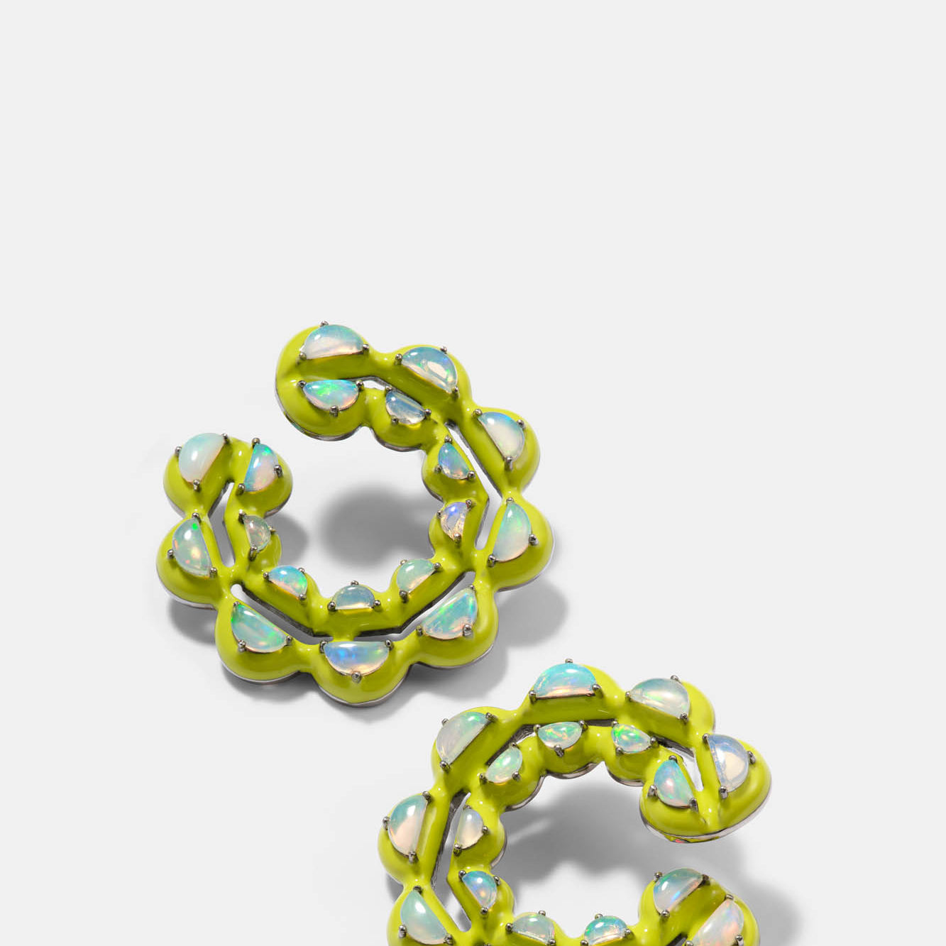 Caterpillar Chartreuse Enameled Bypass Hoops - Ethiopian Opal