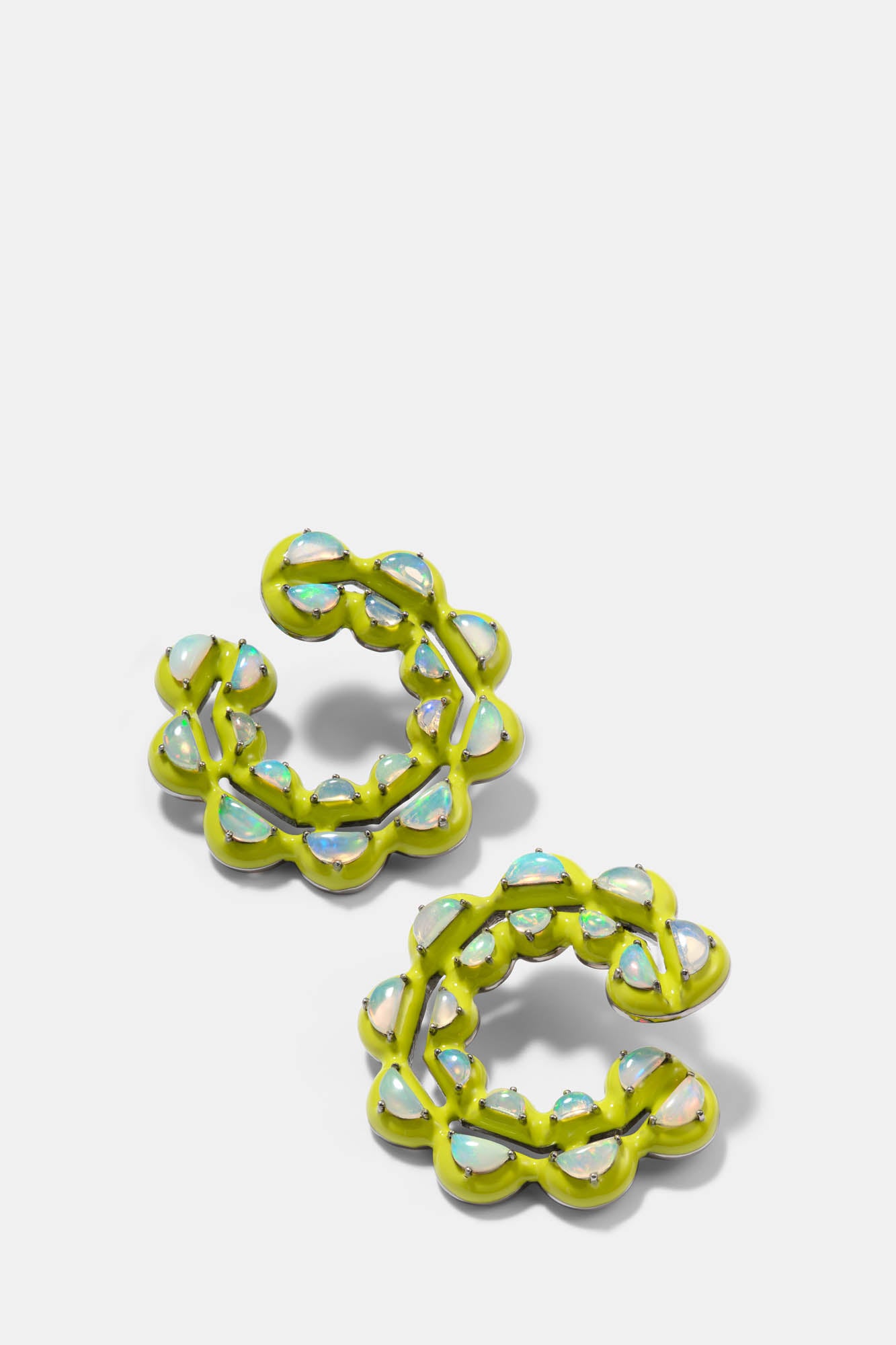 Caterpillar Chartreuse Enameled Bypass Hoops - Ethiopian Opal