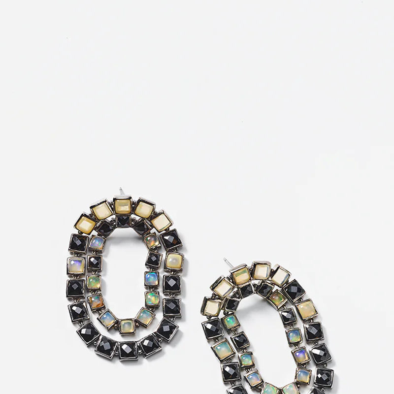 Double Loop Earrings - Black Spinel & Ethiopian Opal