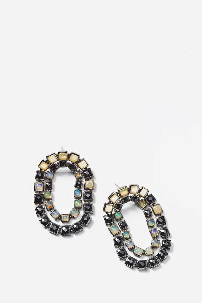 Double Loop Earrings - Black Spinel & Ethiopian Opal