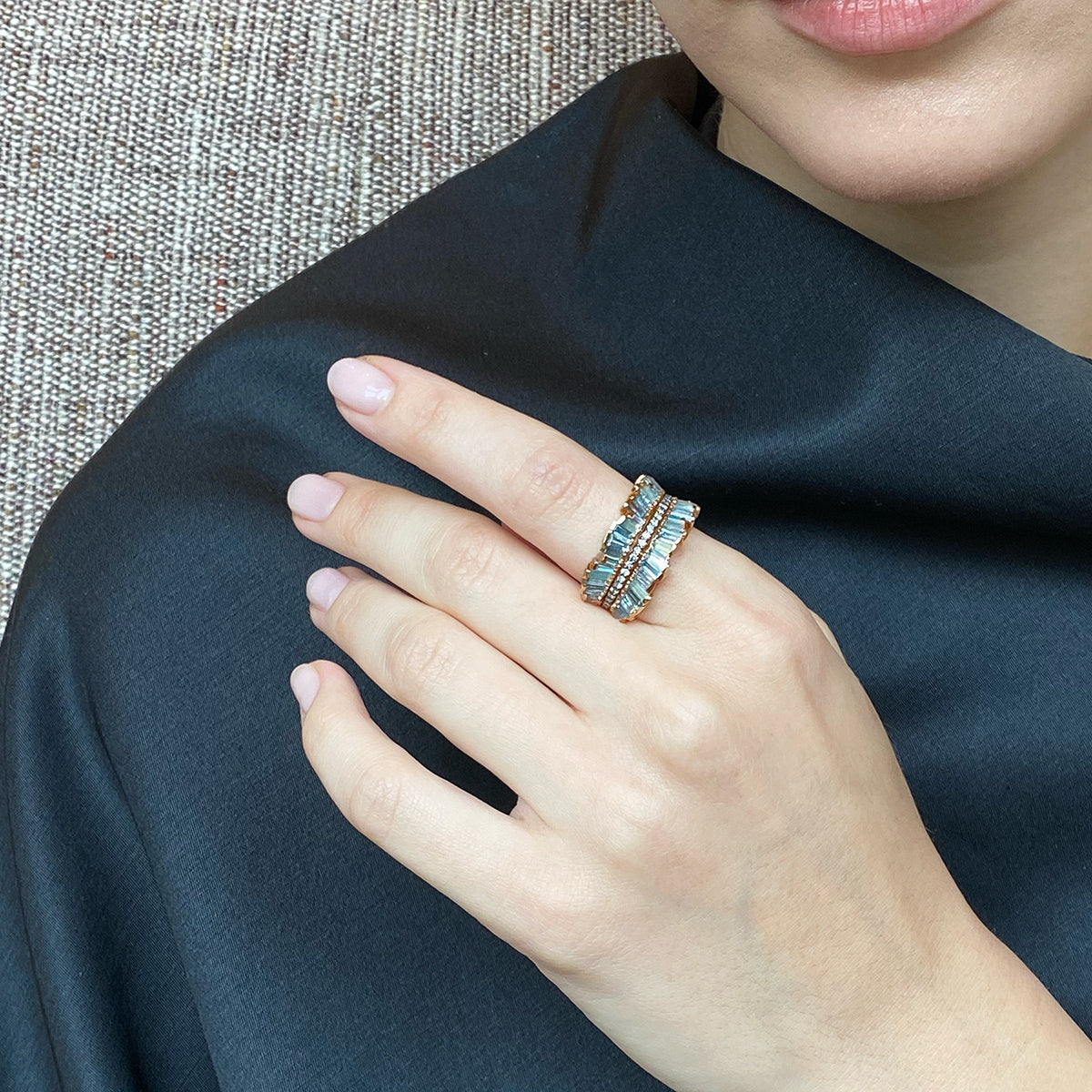 Double Ruched Ribbon Ring - Aquamarine & Blue Peruvian Opal