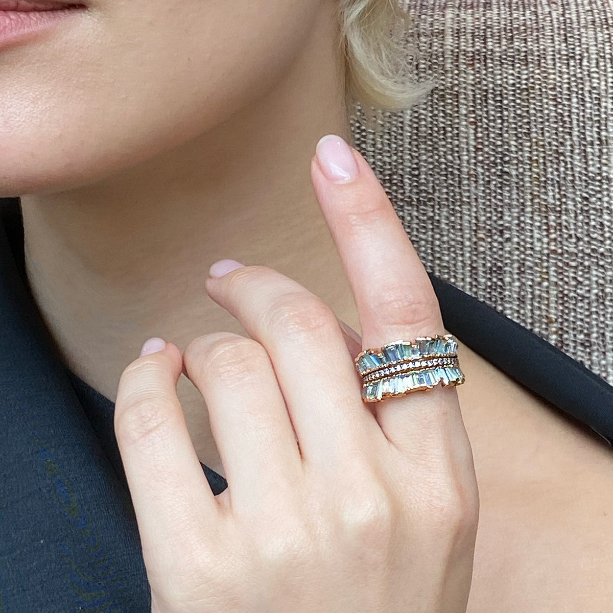 Double Ruched Ribbon Ring - Aquamarine & Blue Peruvian Opal