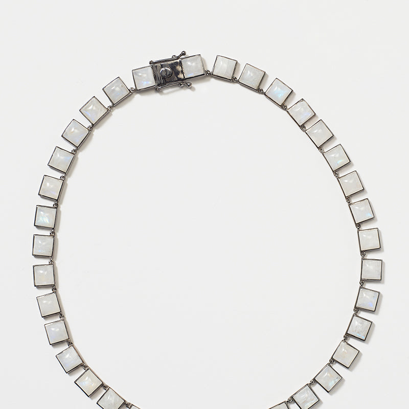 Large Tile Rivière Necklace - Rainbow Moonstone