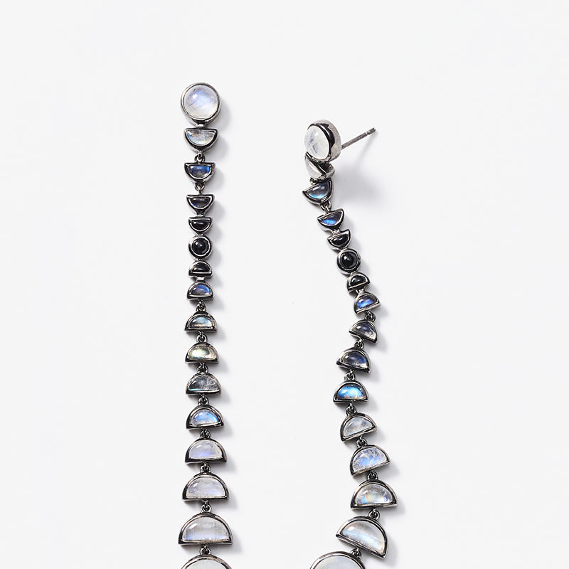 Metronome Earrings - Rainbow Moonstone, Black Spinel & Labradorite