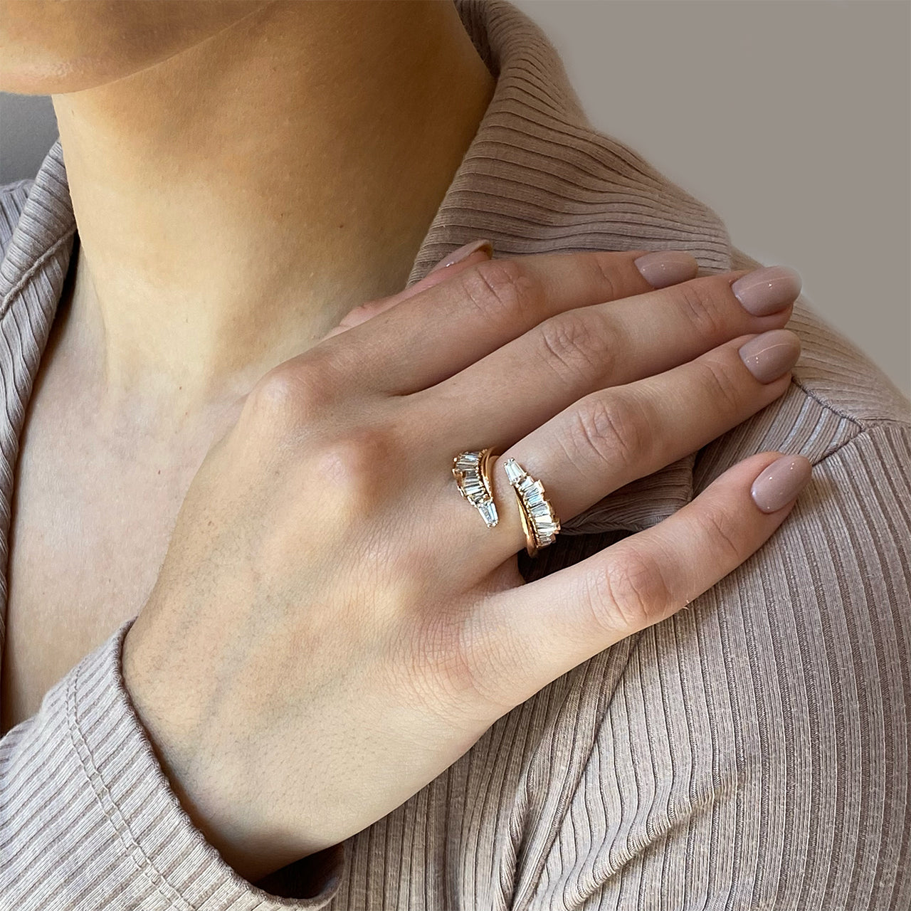 Ruched Open Coil Ring - with Diamond Points