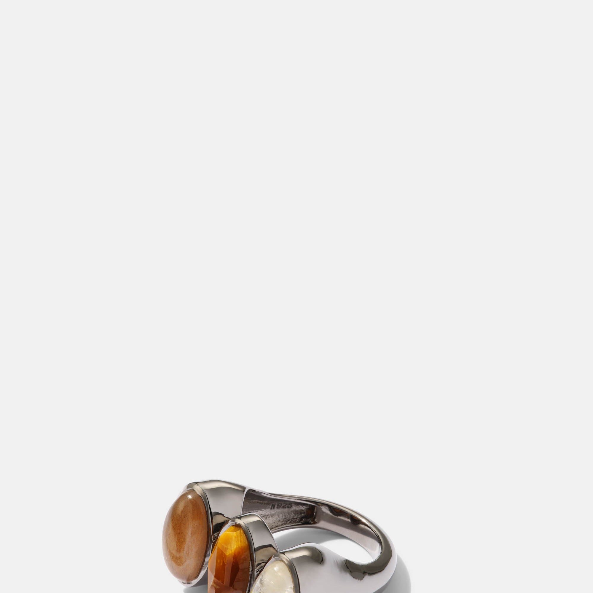Triple Elliptic Ring - Tiger's Eye, Rutilated Quartz, & Golden Sheen Moonstone