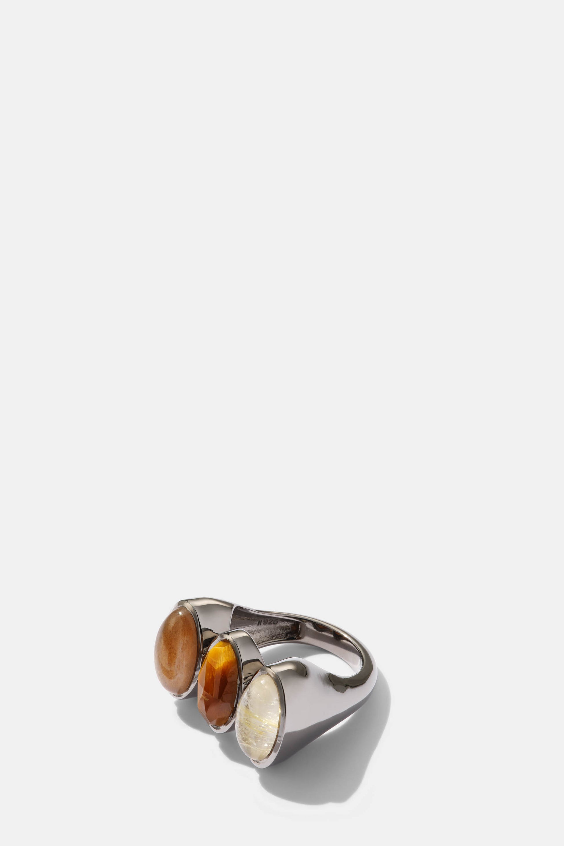 Triple Elliptic Ring - Tiger's Eye, Rutilated Quartz, & Golden Sheen Moonstone